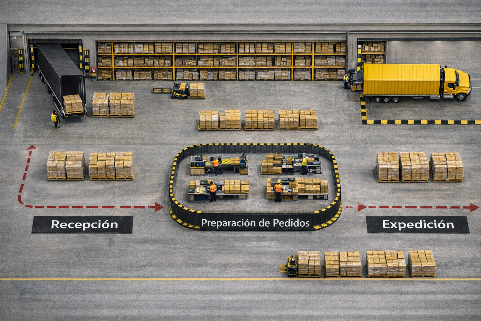 Diagrama técnico de flujo lineal en forma de I para almacén