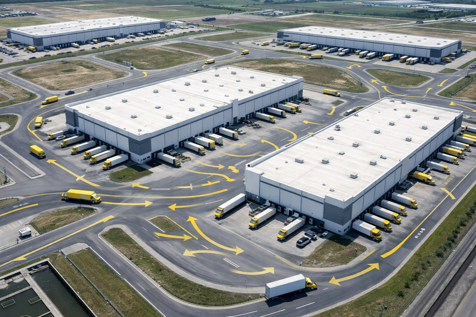 Diagrama técnico de flujo multidireccional para centro de distribución masivo