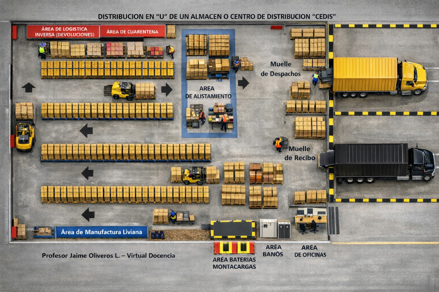 Diagrama técnico de flujo en forma de U para almacén